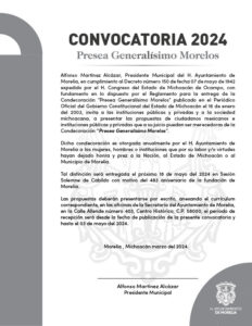 Convocatoria Presea Generalísimo Morelos 2024-Morelia Informativo