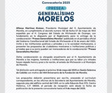 Gobierno de Morelia invita a participar en convocatoria a Presea Generalísimo Morelos