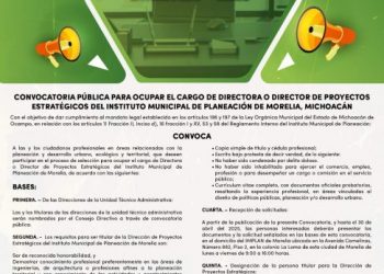 Lanza IMPLAN Morelia convocatoria para la Dirección de Proyectos Estratégicos