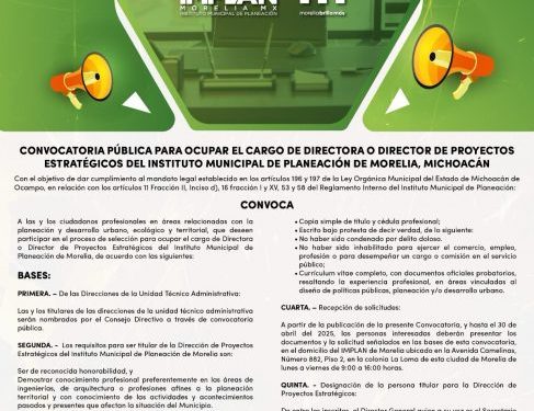 Lanza IMPLAN Morelia convocatoria para la Dirección de Proyectos Estratégicos