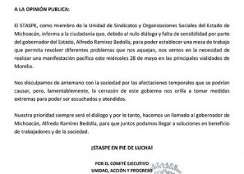 Anuncian jornada de movilizaciones sindicales en Morelia; prevén bloqueos viales