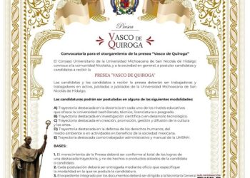 Lista la convocatoria de la Presea “Vasco de Quiroga”; UMSNH invita a participar con propuestas