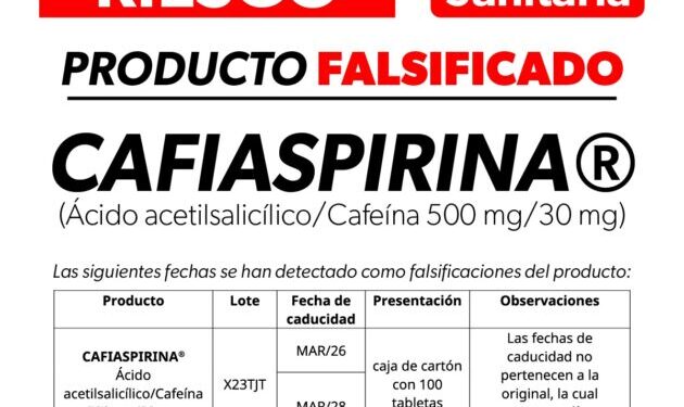 Alerta Cofepris por falsificación de Cafiaspirina®️; exhortan a la población a no consumirla
